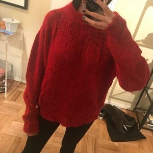 Free People red fuzzy sweater
